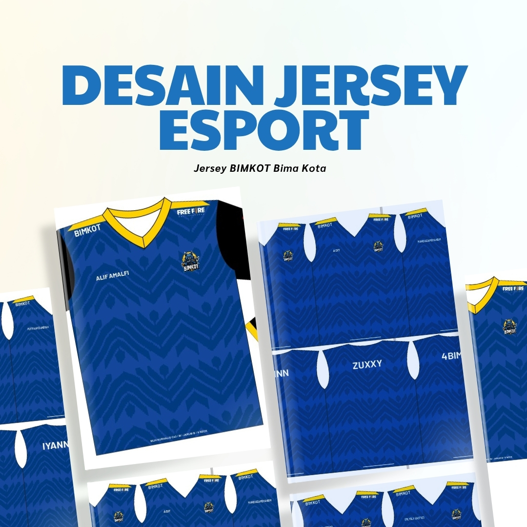 Desain jersey esport BIMKOT Bima Kota dengan warna biru, hitam, dan kuning untuk komunitas Free Fire.